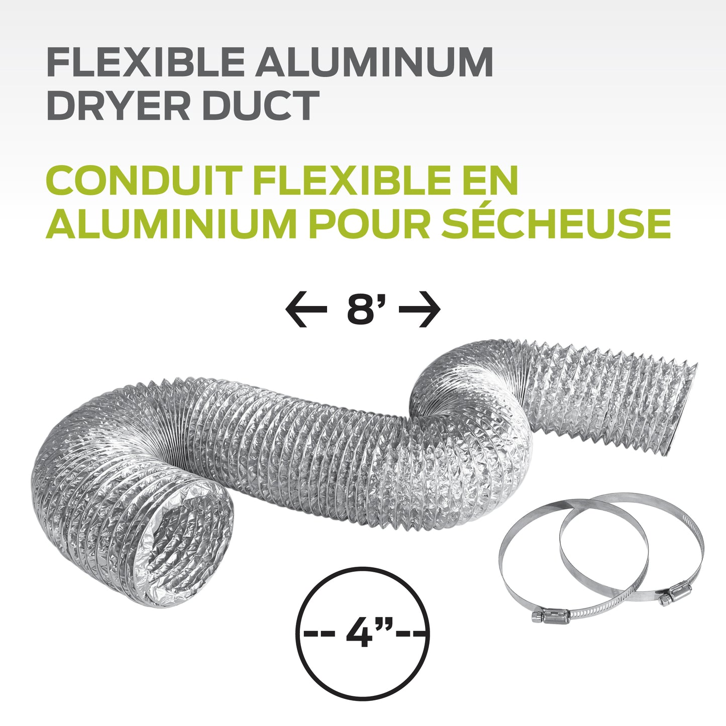 Conduit flexible en aluminium pour sécheuse - 4’’ x 8’ / 10,2 cm x 2,4 m