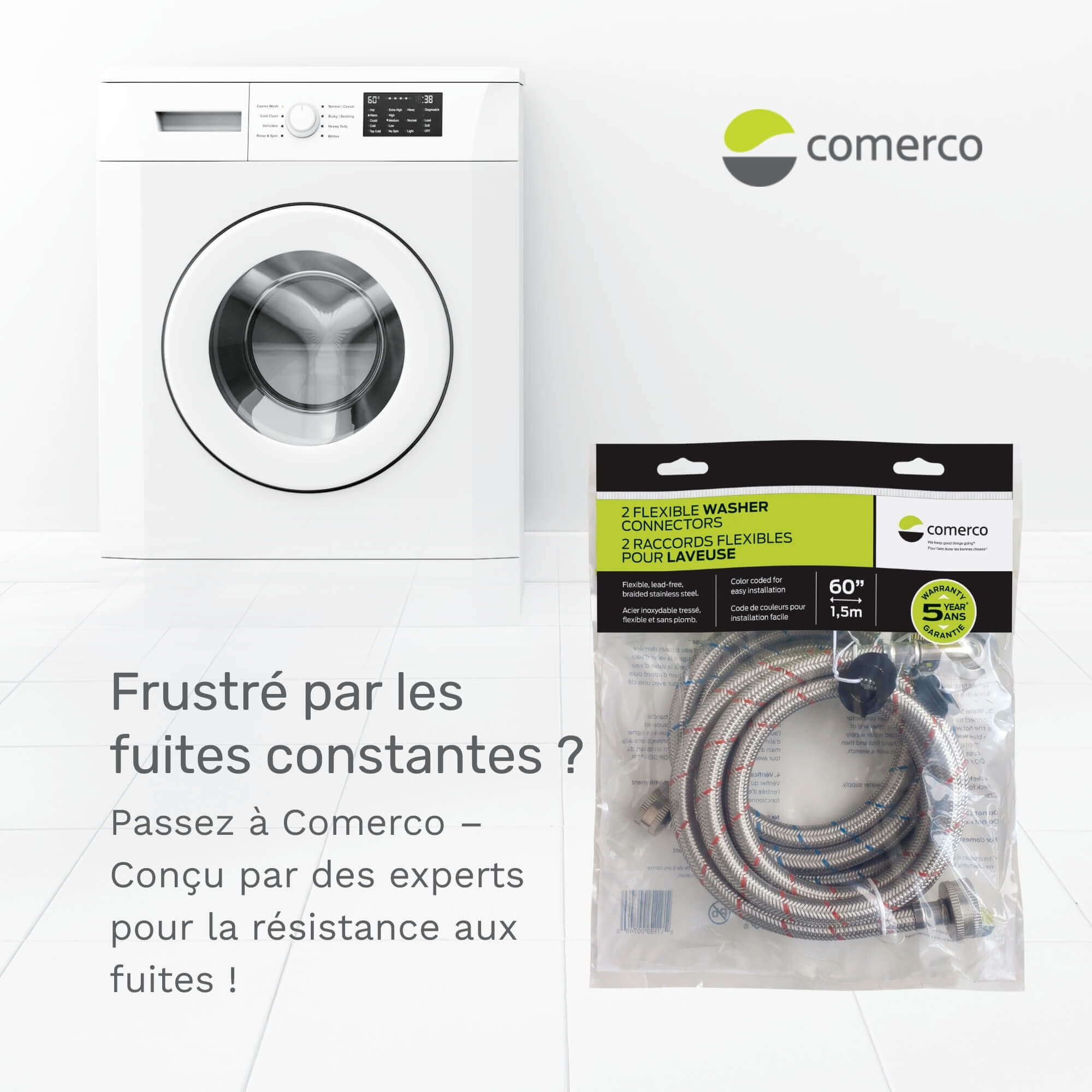 Washing Machine Connector Hose Kit – 2x Braided Stainless Steel 5 feet – 60’’ / 1.5 m
