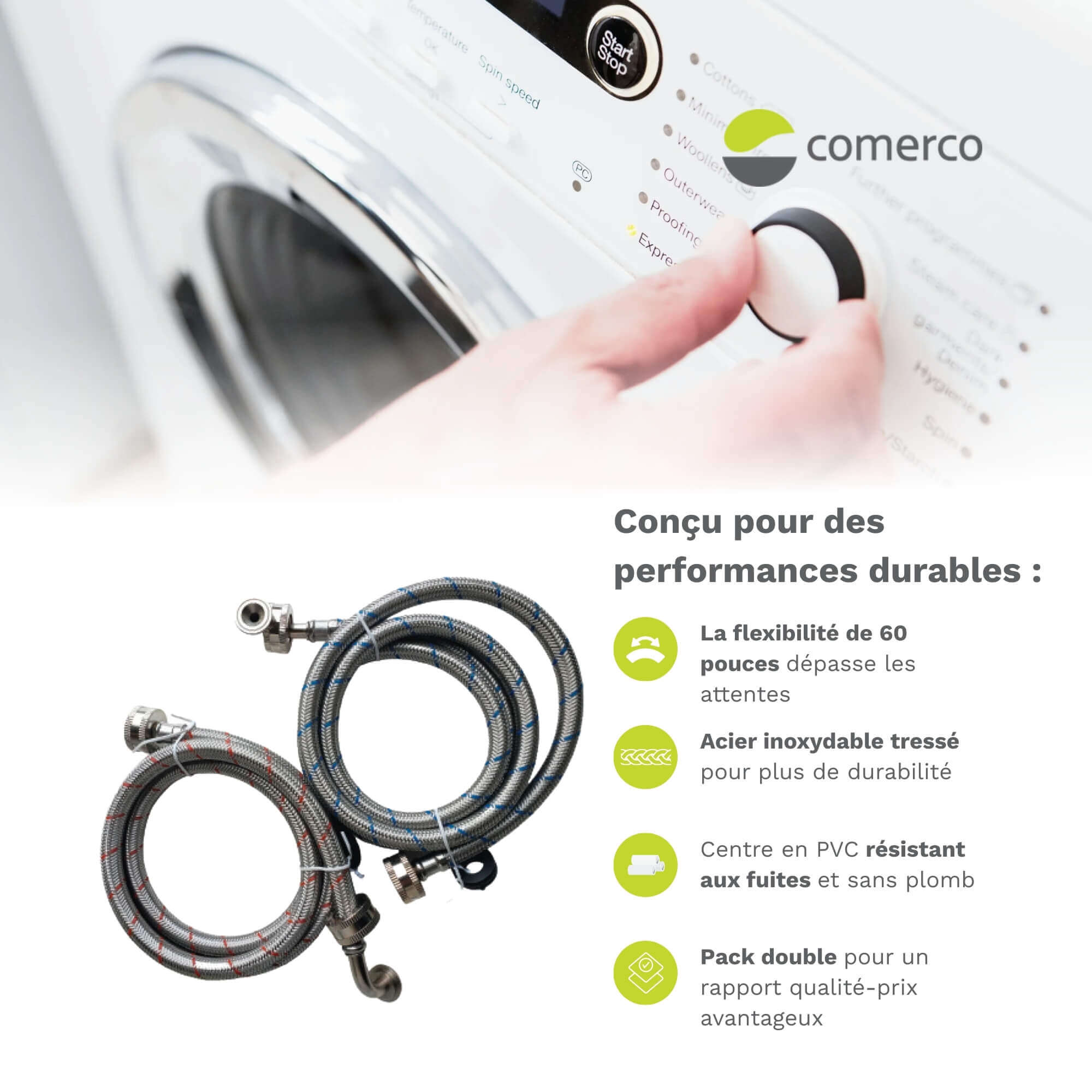 Washing Machine Connector Hose Kit – 2x Braided Stainless Steel 5 feet – 60’’ / 1.5 m